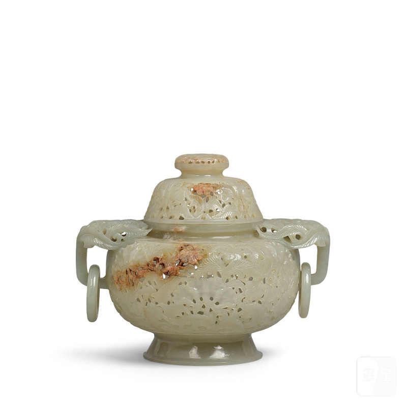 二十世紀 蒙兀兒式玲瓏玉雕花卉紋活環耳蓋爐 | A MUGHAL-STYLE CELADON JADE RETICULATED CENSER AND COVER WITH RING HANDLES - 图1